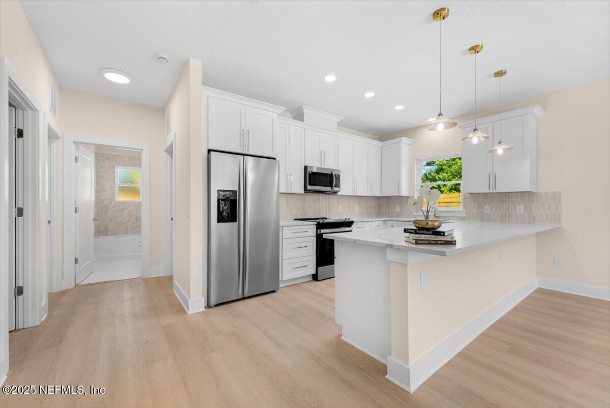 Interior, Kitchen, Pendant Lights, Recessed Lighting, Stainless Steel Appliances, Wood Texture Flooring