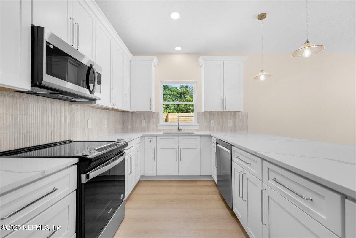 Interior, Kitchen, Pendant Lights, Recessed Lighting, Stainless Steel Appliances, Wood Texture Flooring