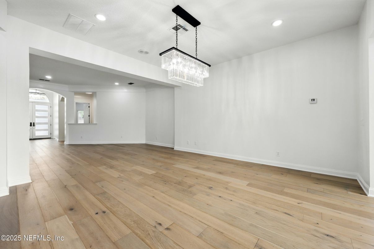 Chandelier, Empty room, Interior, Recessed Lighting, Wood Texture Flooring