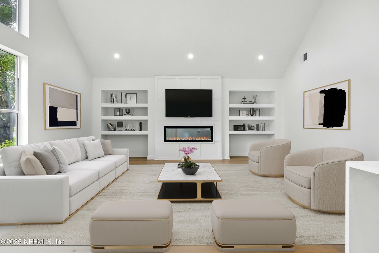 Fireplace, Interior, Living room, Recessed Lighting, Wood Texture Flooring