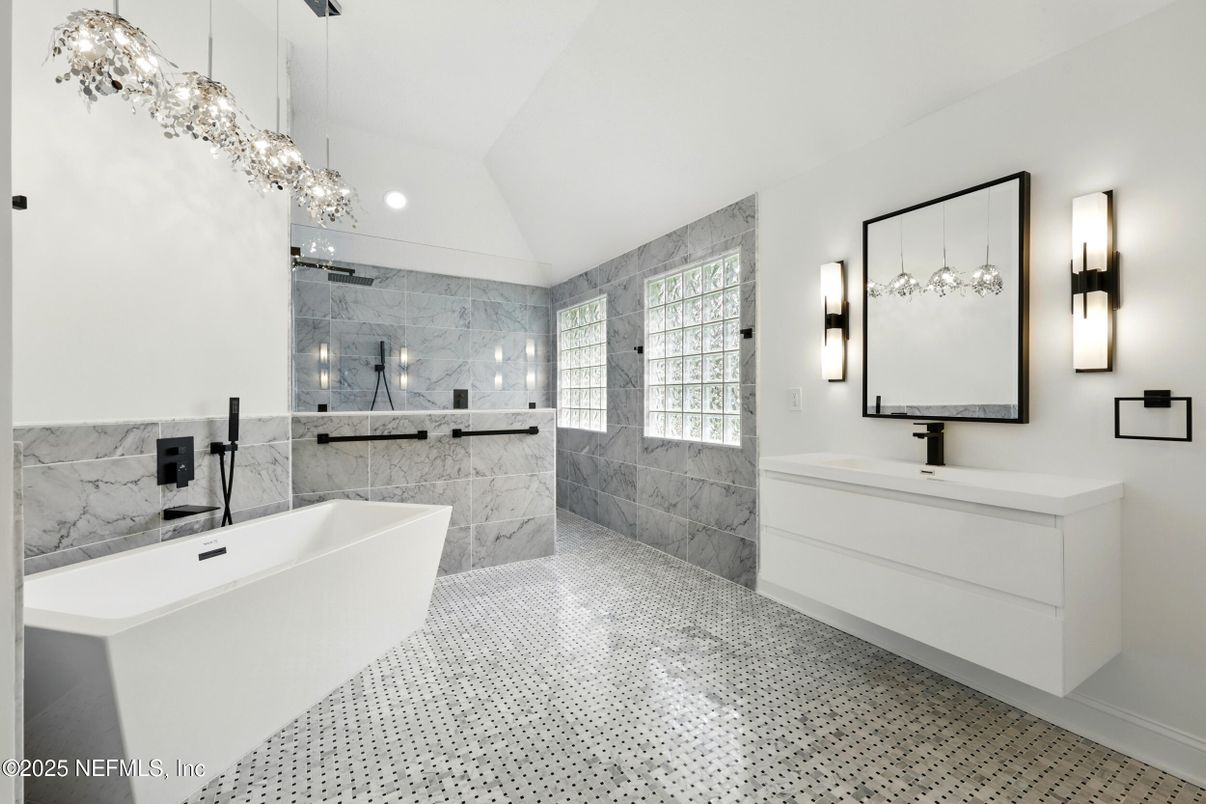 Bathroom, Dual Sink Vanities, Free Standing Baths, Glass Shower, Interior, Marble Walls, Pendant Lights, Recessed Lighting