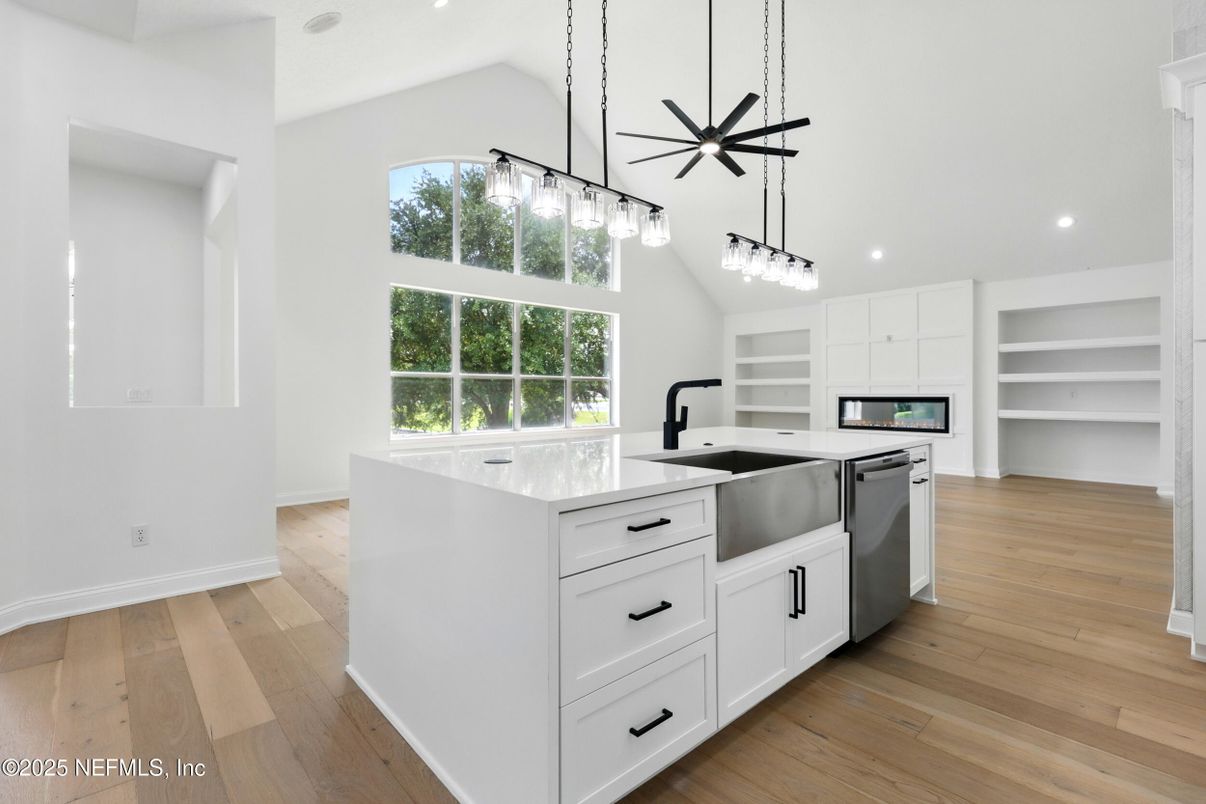 Interior, Kitchen, Pendant Lights, Recessed Lighting, Wood Texture Flooring