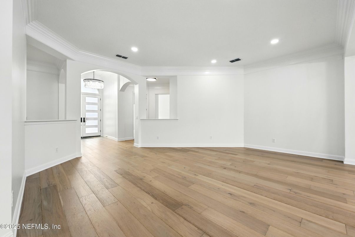 Chandelier, Empty room, Interior, Recessed Lighting, Wood Texture Flooring
