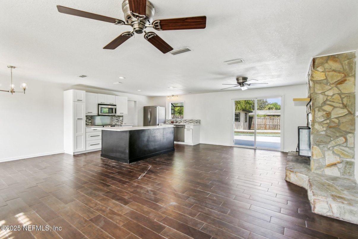 Interior, Kitchen, Pendant Lights, Recessed Lighting, Wood Texture Flooring
