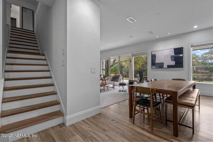 Dining room, Interior, Recessed Lighting, Wood Texture Flooring