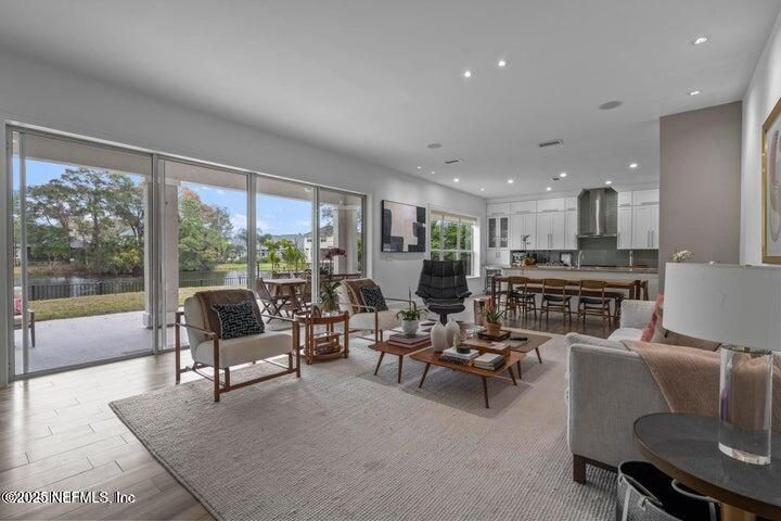 Dining room, Interior, Kitchen, Living room, Recessed Lighting, Wood Texture Flooring