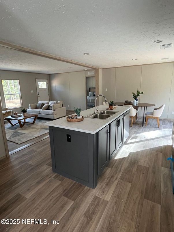 Dining room, Interior, Kitchen, Living room, Recessed Lighting, Wood Texture Flooring