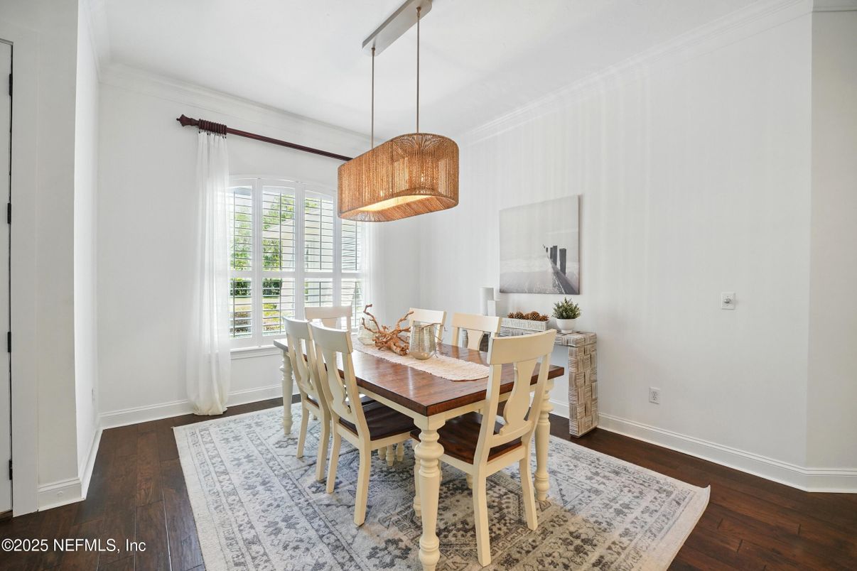 Dining room, Interior, Pendant Lights, Wood Texture Flooring