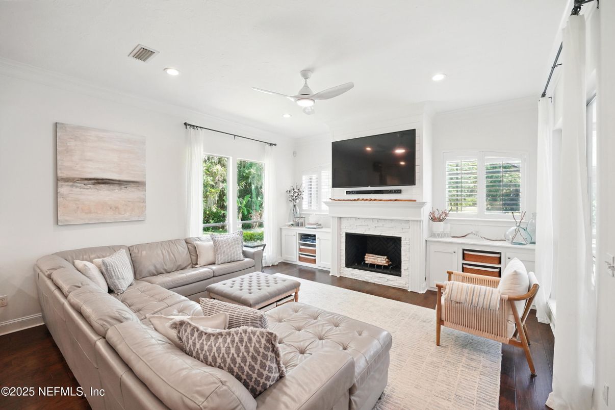 Fireplace, Interior, Living room, Recessed Lighting, Wood Texture Flooring