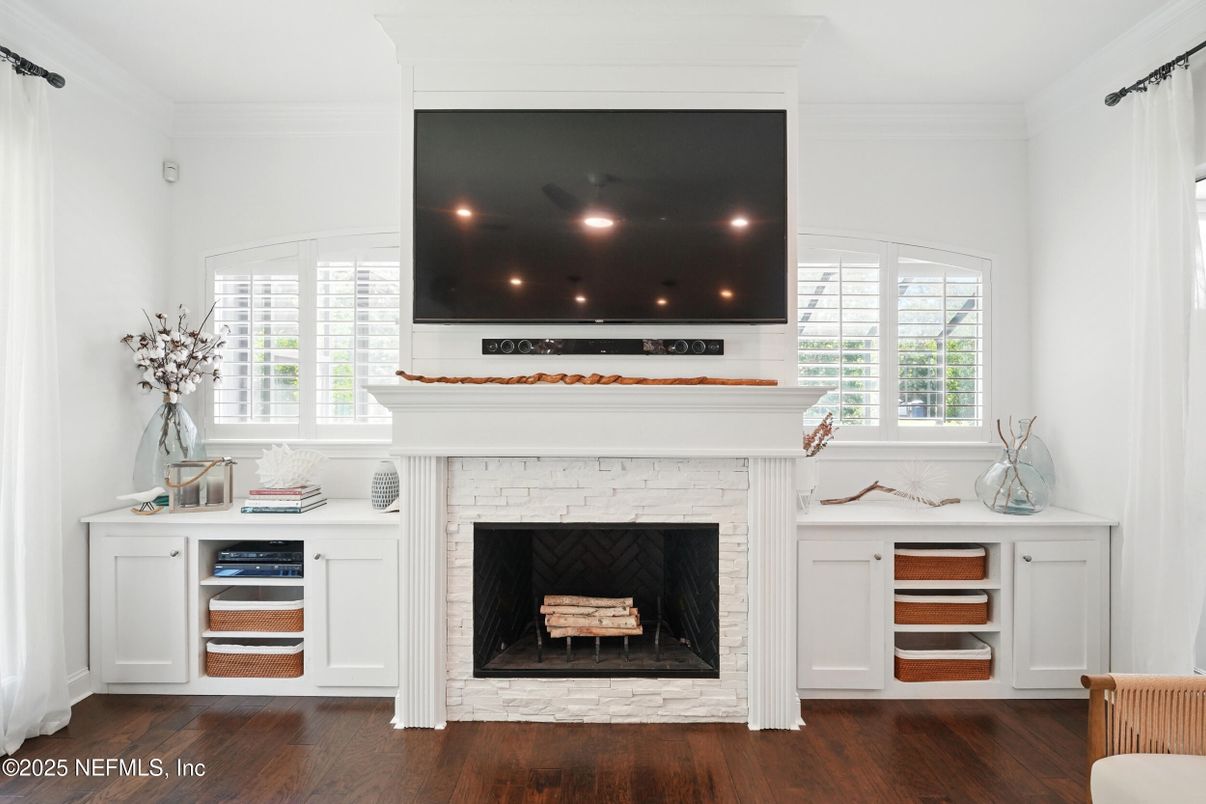 Fireplace, Interior, Recessed Lighting, Wood Texture Flooring
