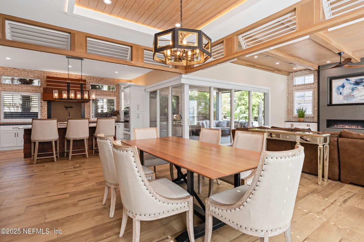 Chandelier, Dining room, Interior, Pendant Lights, Recessed Lighting, Wooden Ceilings, Wood Texture Flooring