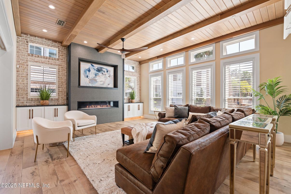 Fireplace, Interior, Living room, Recessed Lighting, Wooden Beams, Wooden Ceilings, Wood Texture Flooring