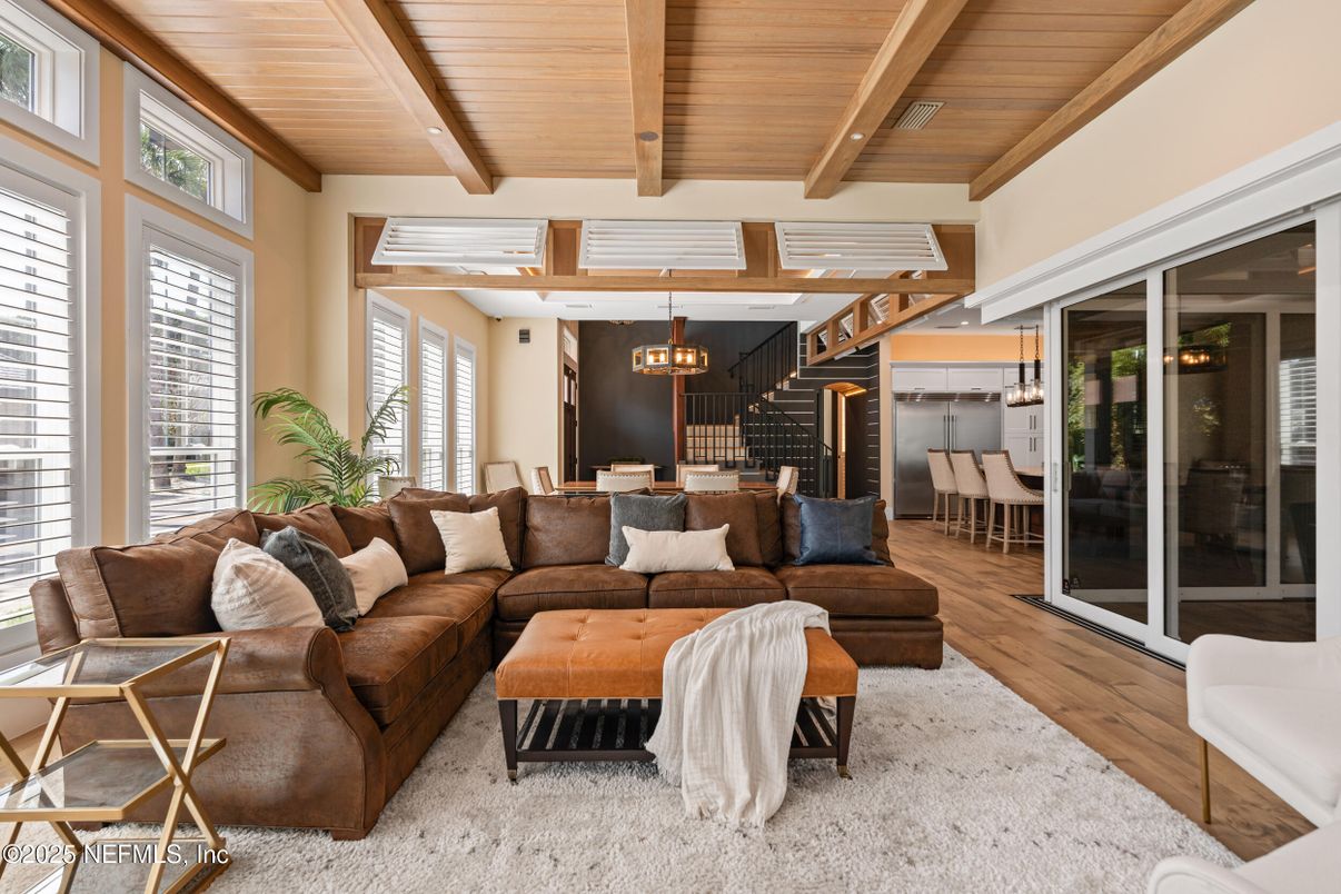 Chandelier, Dining room, Interior, Living room, Wooden Beams, Wooden Ceilings, Wood Texture Flooring