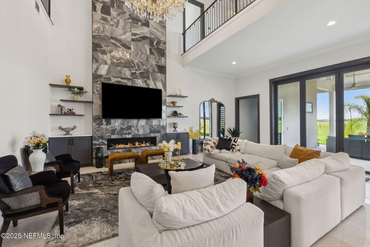 Chandelier, Fireplace, Interior, Living room, Recessed Lighting