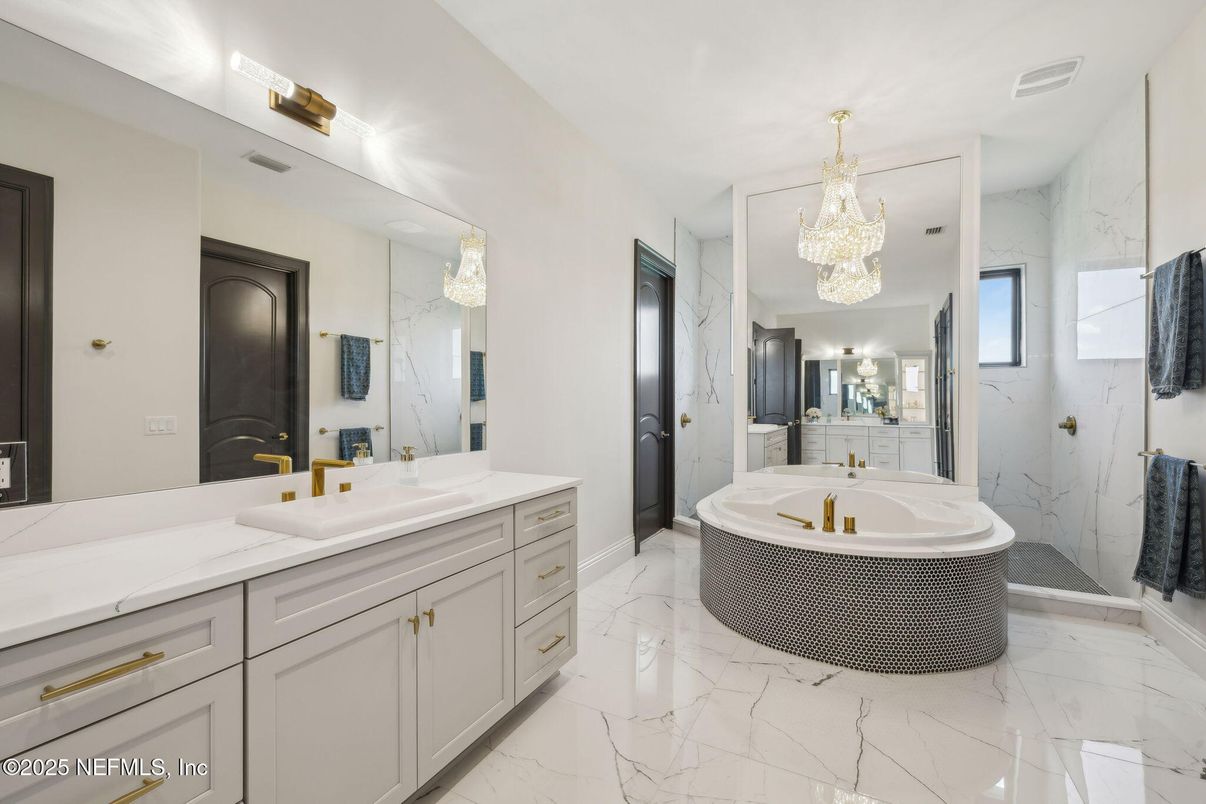 Bathroom, Chandelier, Dual Sink Vanities, Interior, Marble