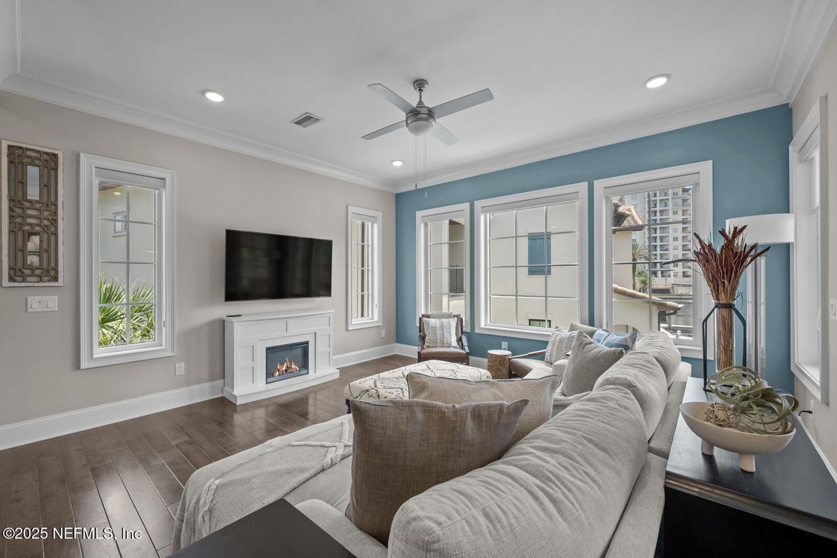 Fireplace, Interior, Living room, Recessed Lighting, Wood Texture Flooring