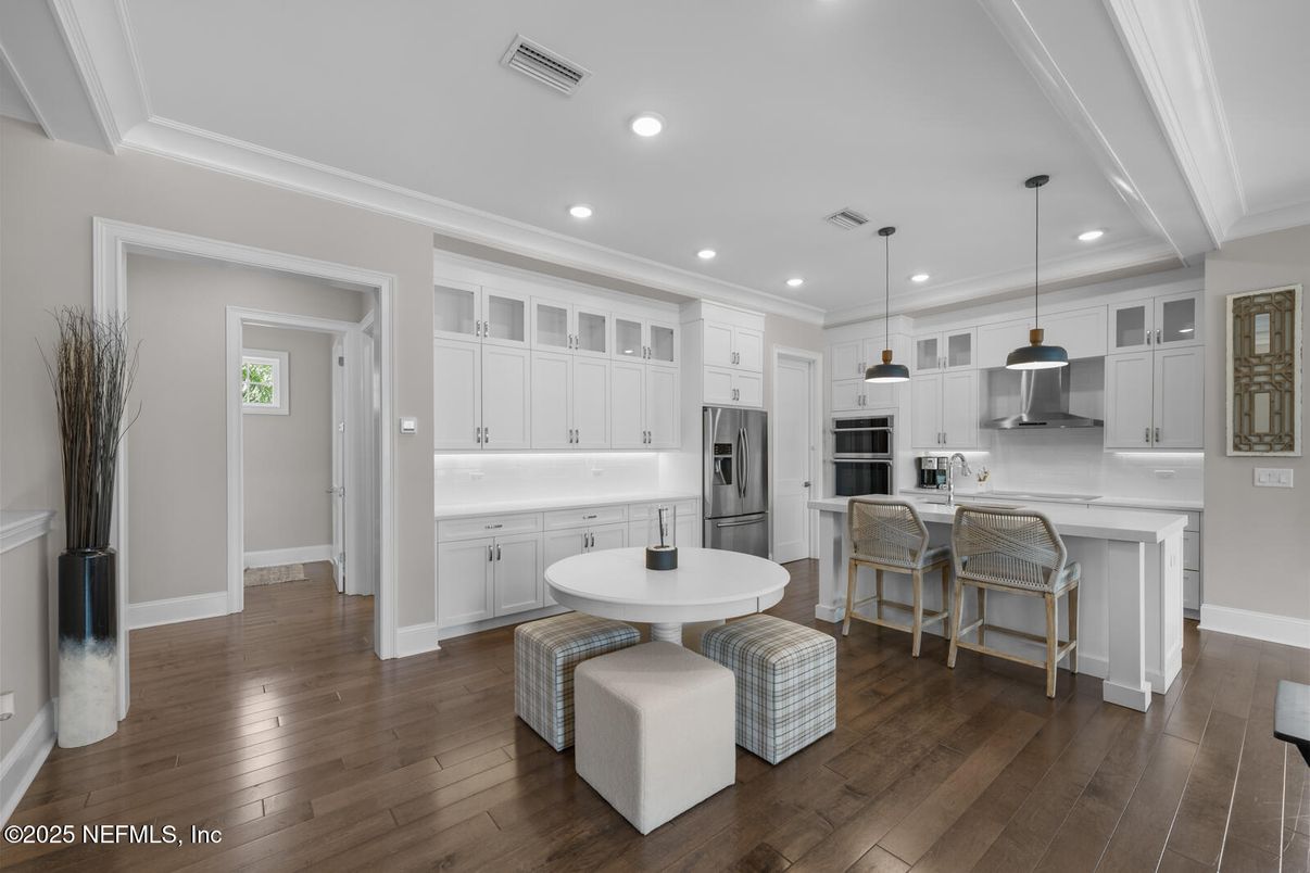 Interior, Kitchen, Pendant Lights, Recessed Lighting, Stainless Steel Appliances, Wood Texture Flooring