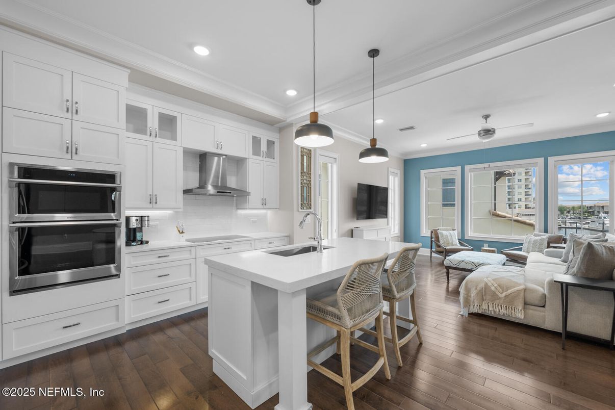 Interior, Kitchen, Living room, Pendant Lights, Recessed Lighting, Stainless Steel Appliances, Wood Texture Flooring