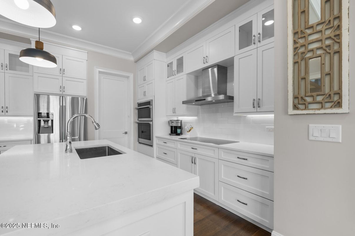 Interior, Kitchen, Pendant Lights, Recessed Lighting, Stainless Steel Appliances, Wood Texture Flooring