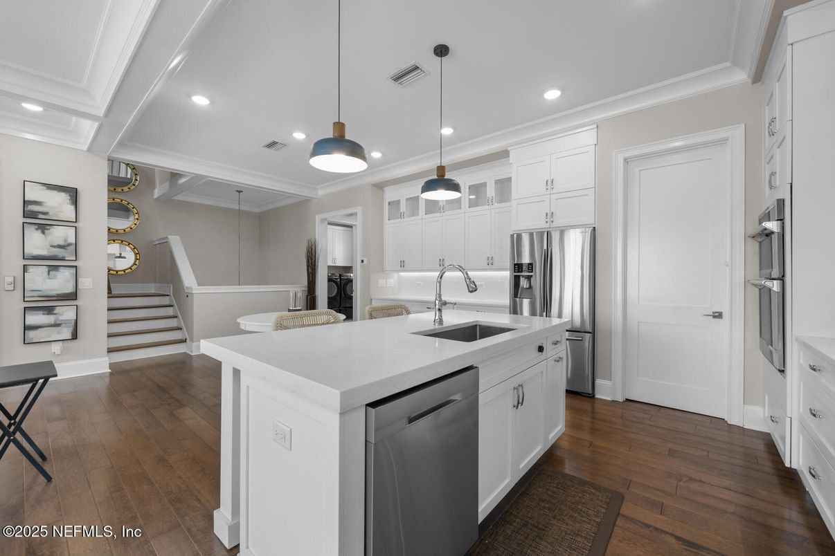 Interior, Kitchen, Pendant Lights, Recessed Lighting, Stainless Steel Appliances, Wood Texture Flooring