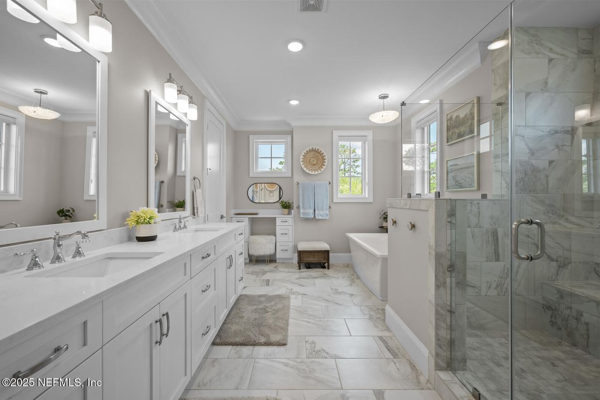 Bathroom, Dual Sink Vanities, Free Standing Baths, Glass Shower, Interior, Marble, Marble Walls, Recessed Lighting