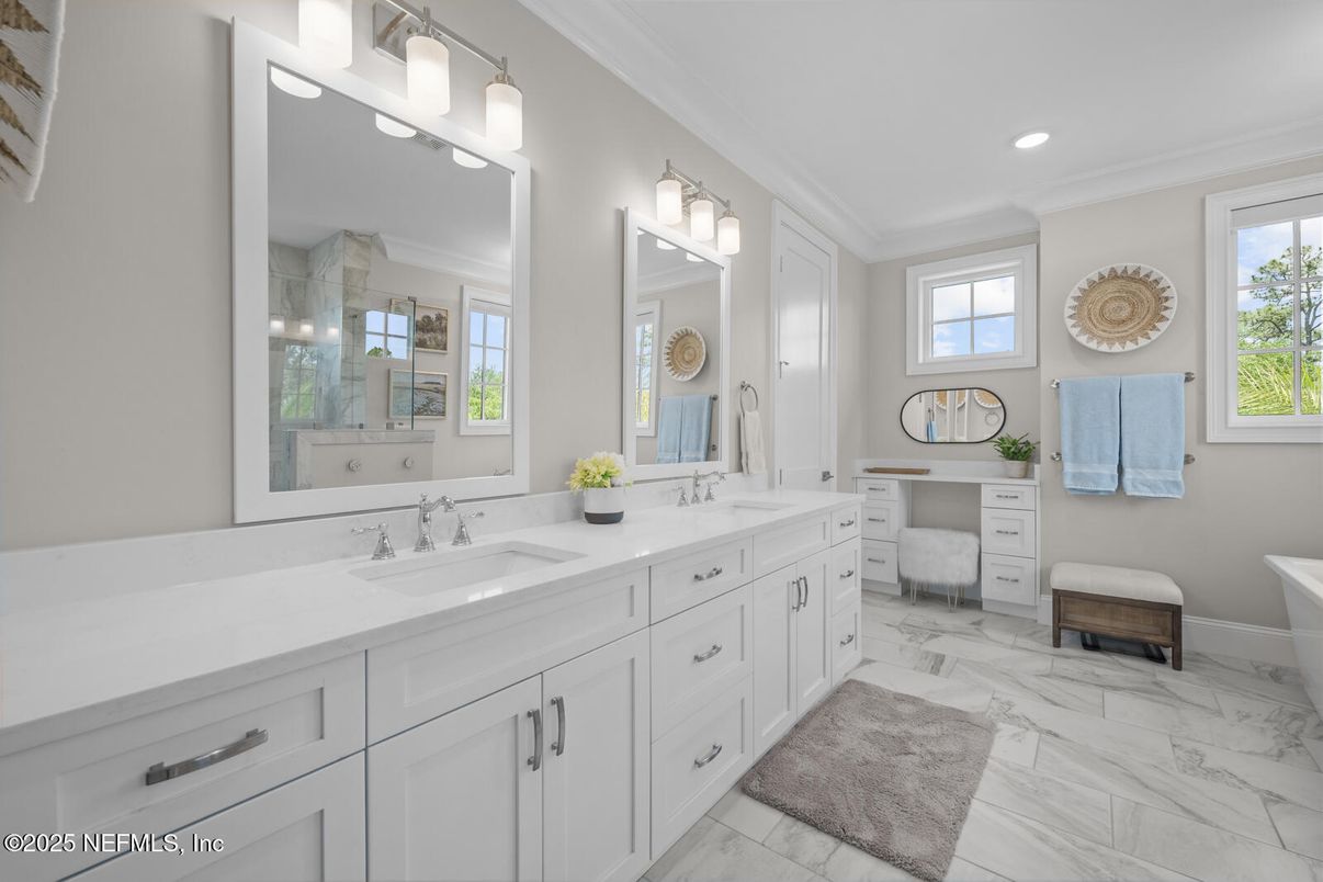 Bathroom, Dual Sink Vanities, Interior, Marble, Recessed Lighting