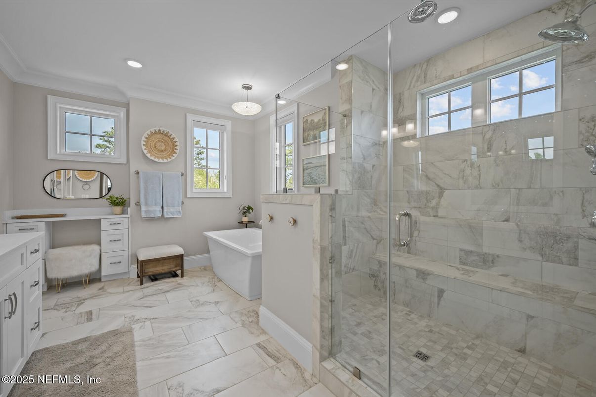Bathroom, Free Standing Baths, Glass Shower, Interior, Marble, Marble Walls, Recessed Lighting