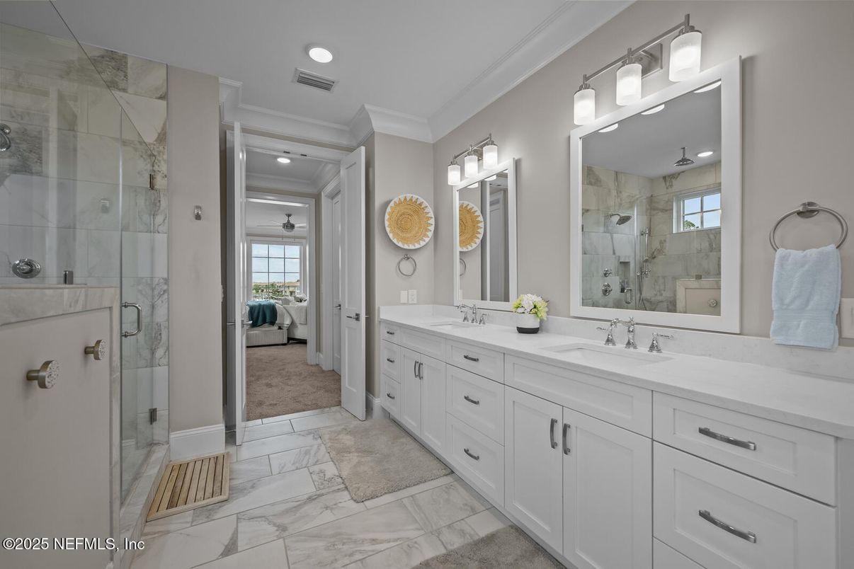 Bathroom, Dual Sink Vanities, Glass Shower, Interior, Marble, Marble Walls, Recessed Lighting