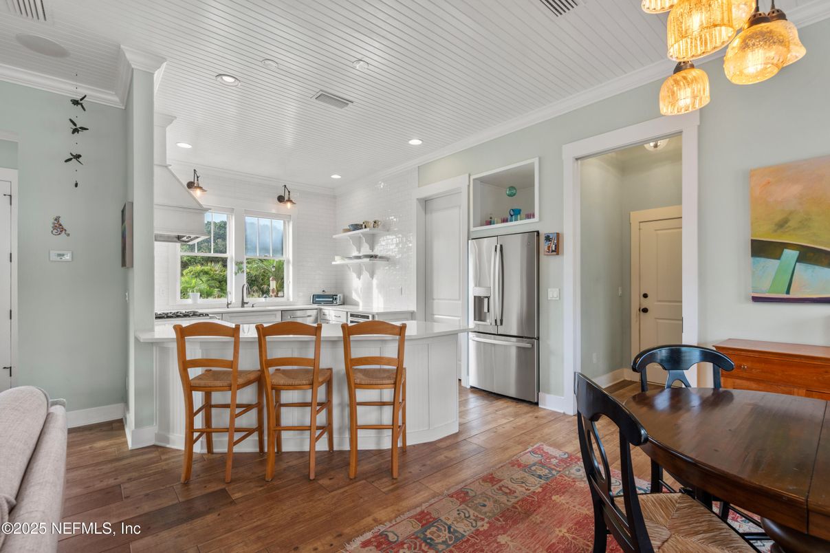 Dining room, Interior, Kitchen, Recessed Lighting, Stainless Steel Appliances, Wood Texture Flooring