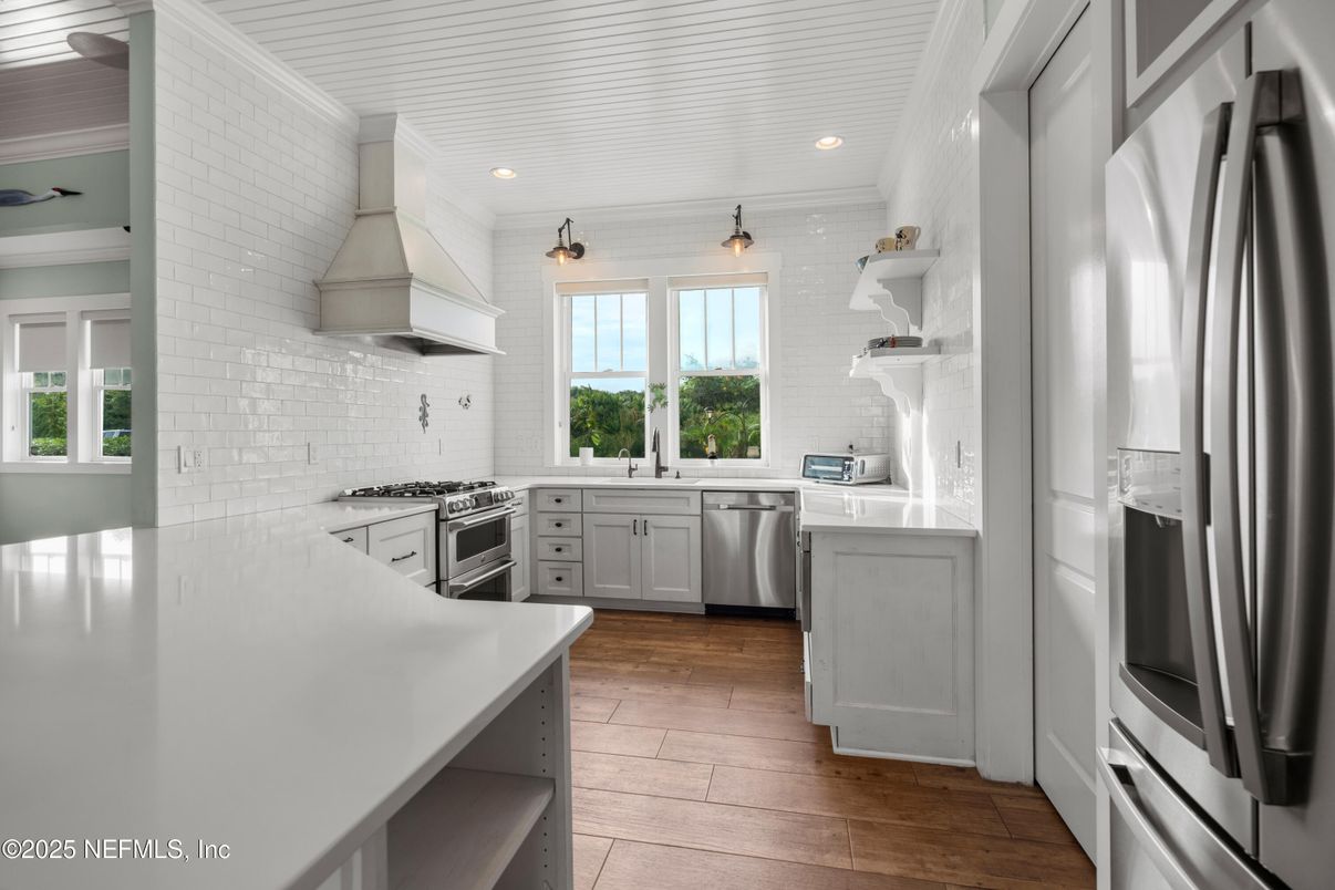 Interior, Kitchen, Recessed Lighting, Stainless Steel Appliances, Wood Texture Flooring