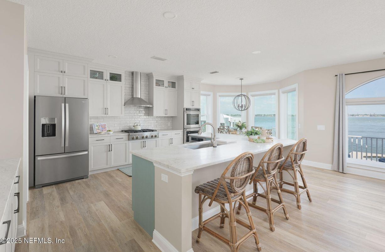 Interior, Kitchen, Pendant Lights, Recessed Lighting, Stainless Steel Appliances, Water, Wood Texture Flooring
