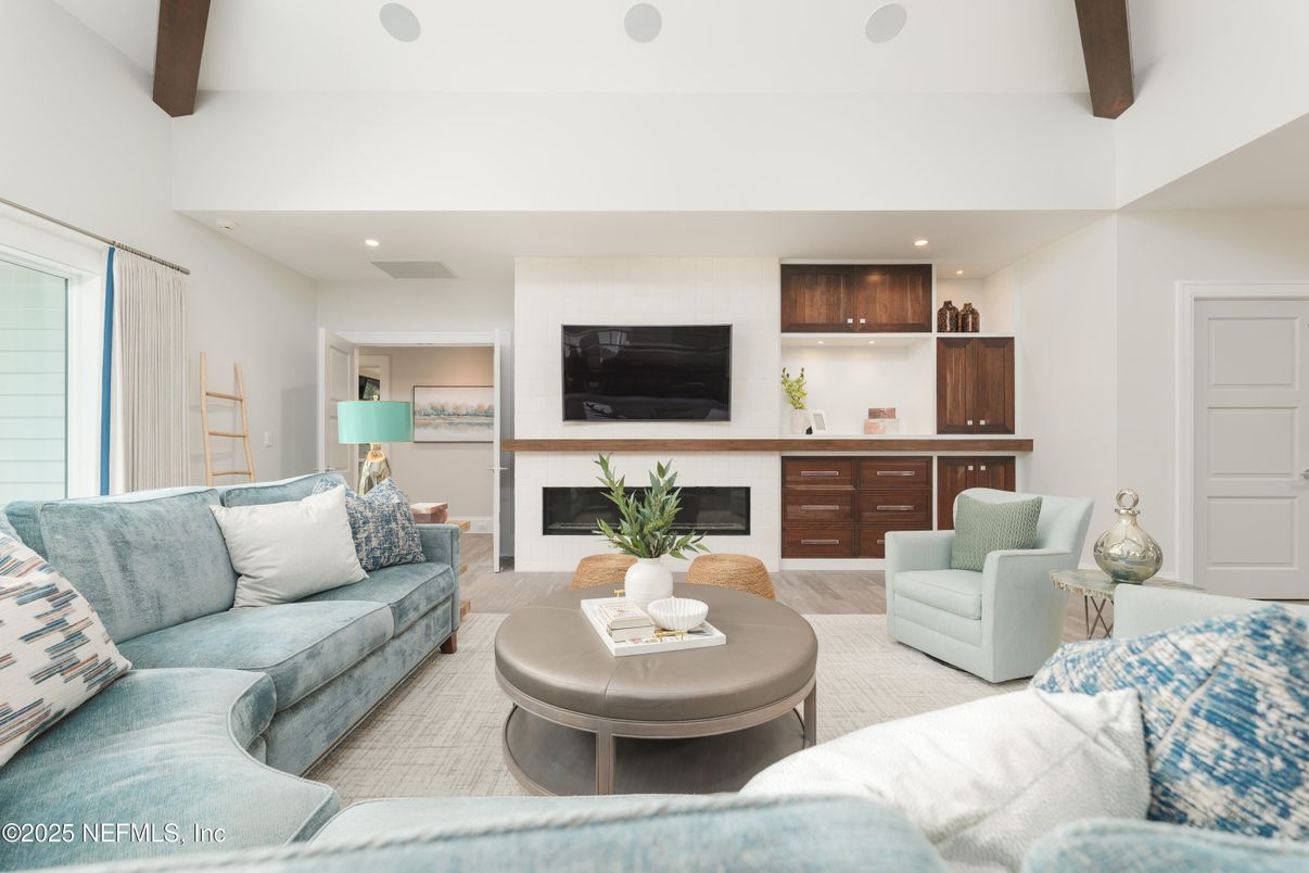 Fireplace, Interior, Living room, Recessed Lighting, Wooden Beams