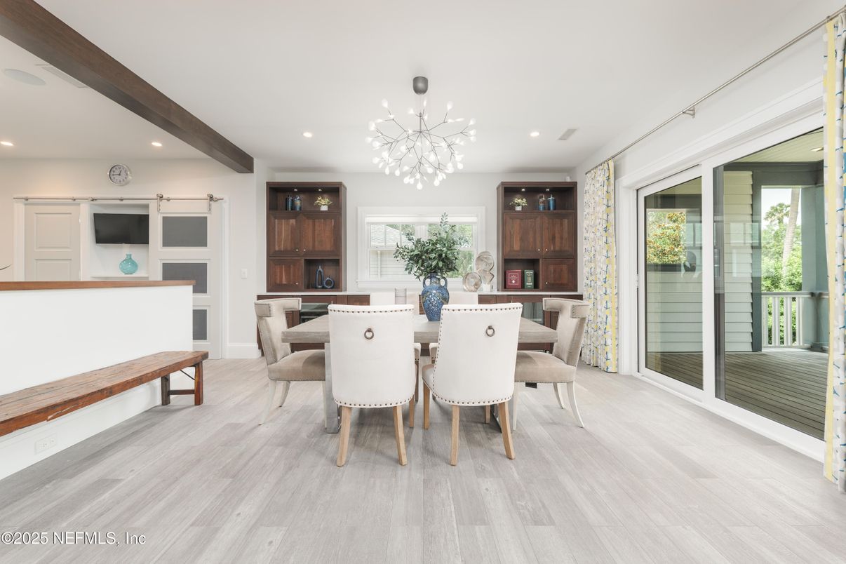 Dining room, Interior, Pendant Lights, Recessed Lighting, Wooden Beams, Wood Texture Flooring