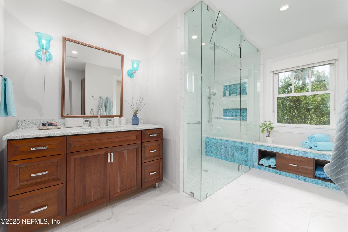 Bathroom, Dual Sink Vanities, Glass Shower, Interior, Marble, Recessed Lighting