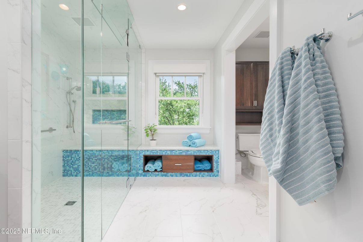 Bathroom, Glass Shower, Interior, Marble, Marble Walls, Recessed Lighting