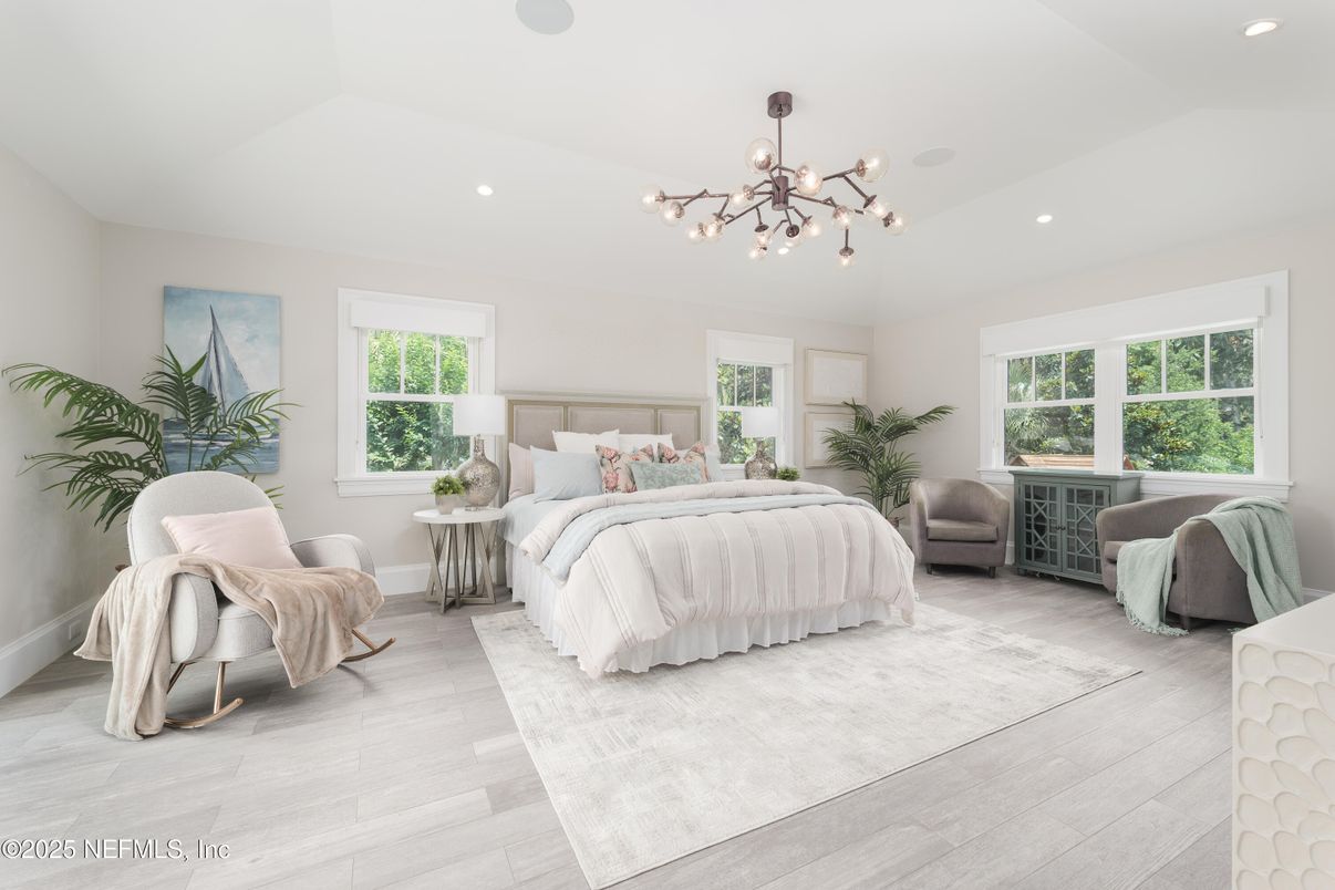 Bedroom, Interior, Pendant Lights, Recessed Lighting, Wood Texture Flooring