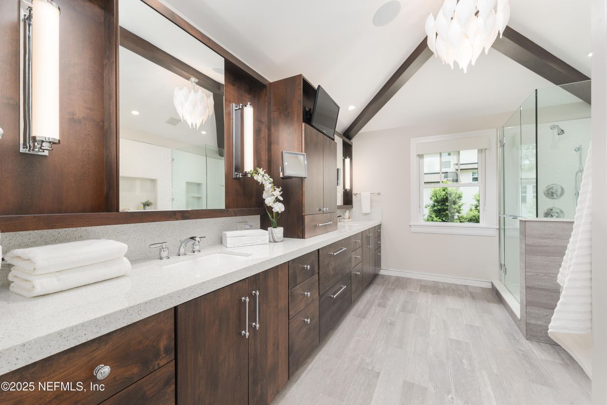 Bathroom, Dual Sink Vanities, Glass Shower, Interior, Recessed Lighting, Wooden Beams, Wood Texture Flooring