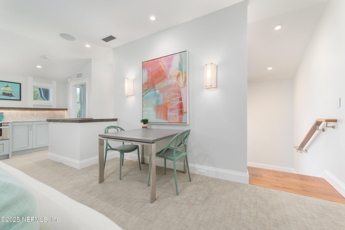 Dining room, Interior, Recessed Lighting, Wood Texture Flooring