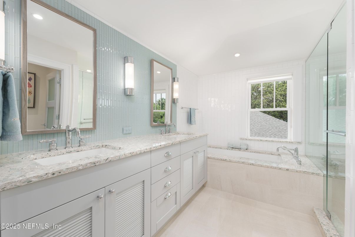 Bathroom, Dual Sink Vanities, Glass Shower, Interior, Recessed Lighting