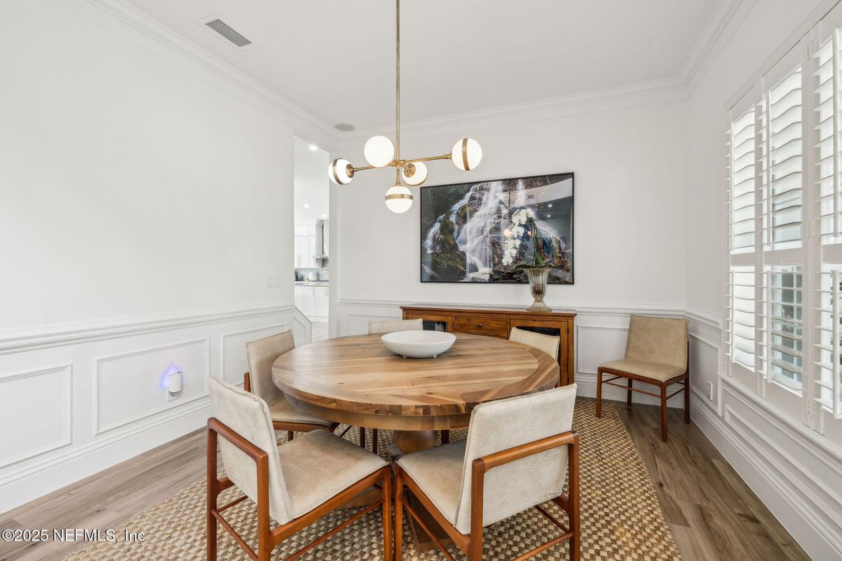 Dining room, Interior, Pendant Lights, Wood Texture Flooring
