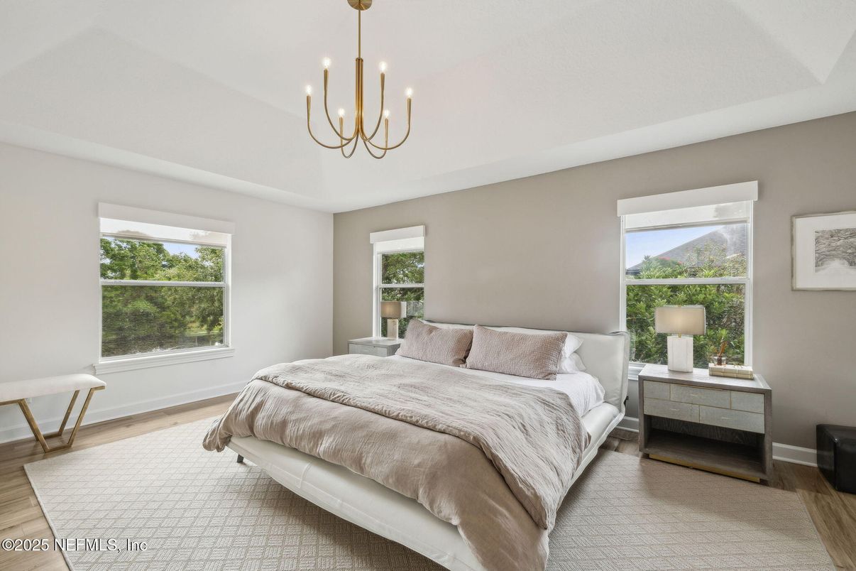 Bedroom, Chandelier, Interior, Pendant Lights, Wood Texture Flooring