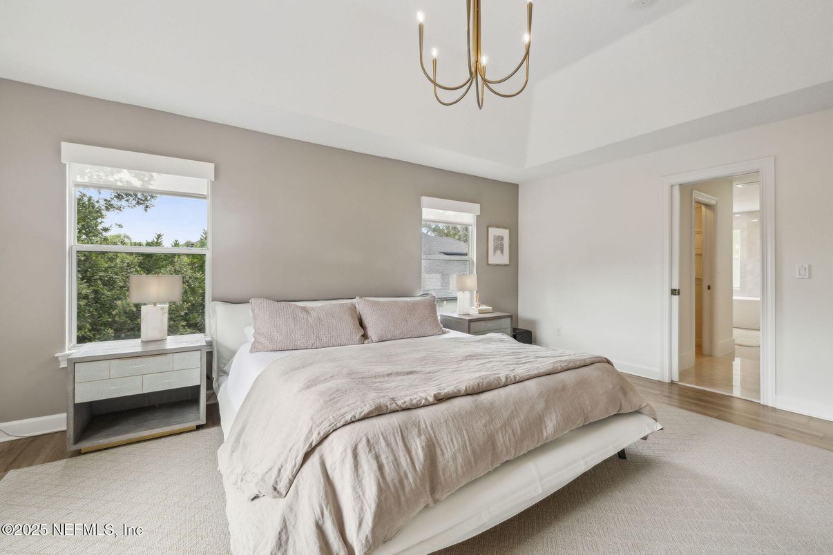 Bedroom, Chandelier, Interior, Wood Texture Flooring