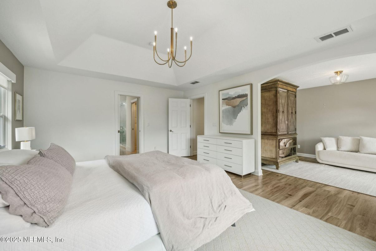 Bedroom, Chandelier, Interior, Wood Texture Flooring