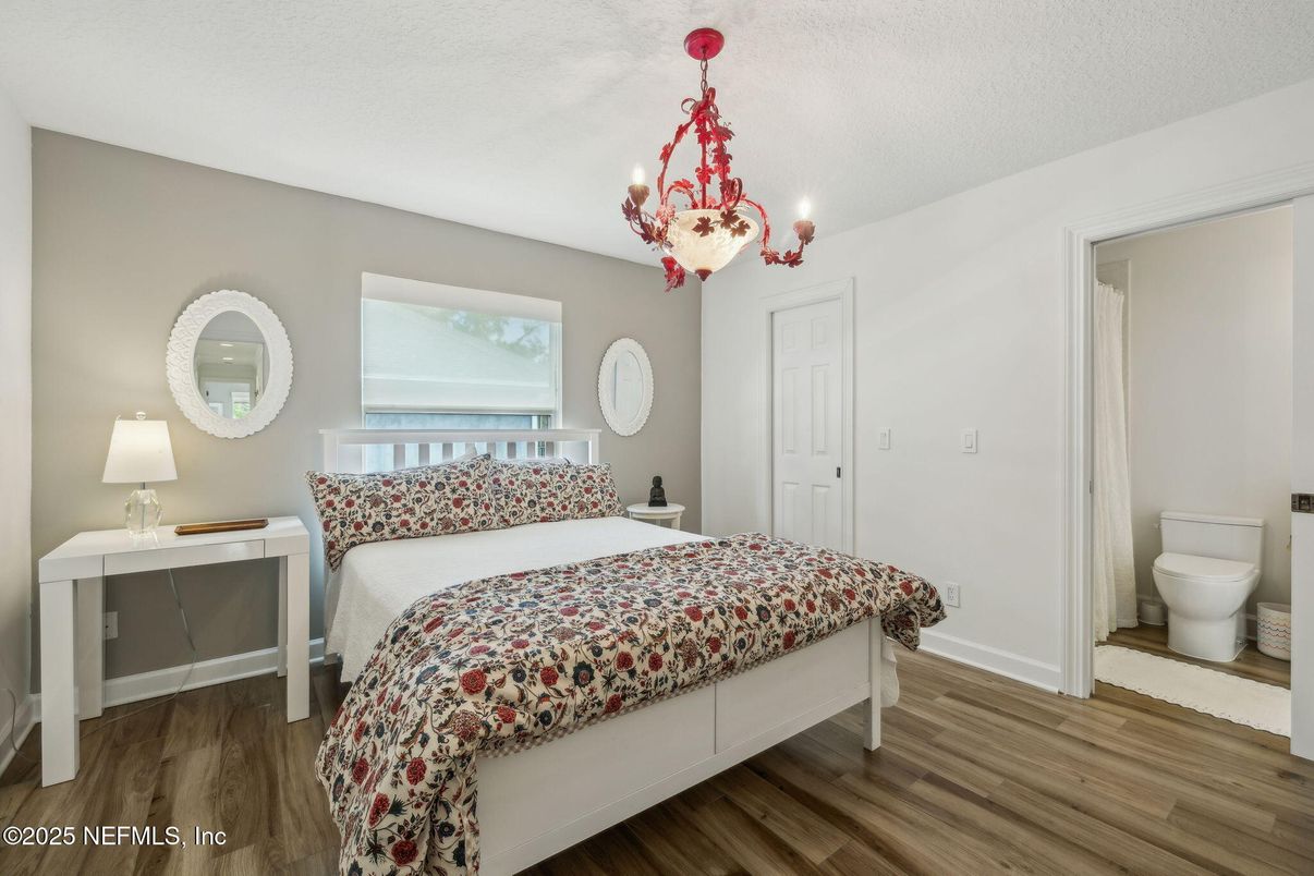 Bedroom, Chandelier, Interior, Wood Texture Flooring