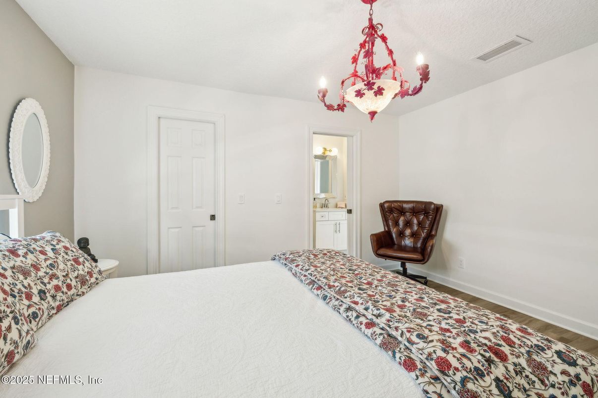 Bedroom, Chandelier, Interior, Wood Texture Flooring