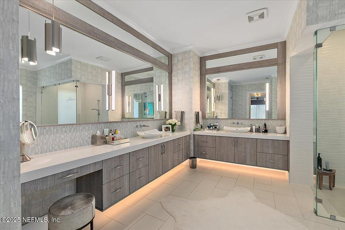 Bathroom, Dual Sink Vanities, Glass Shower, Interior, Pendant Lights
