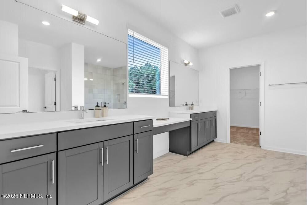 Bathroom, Dual Sink Vanities, Glass Shower, Interior, Marble, Recessed Lighting