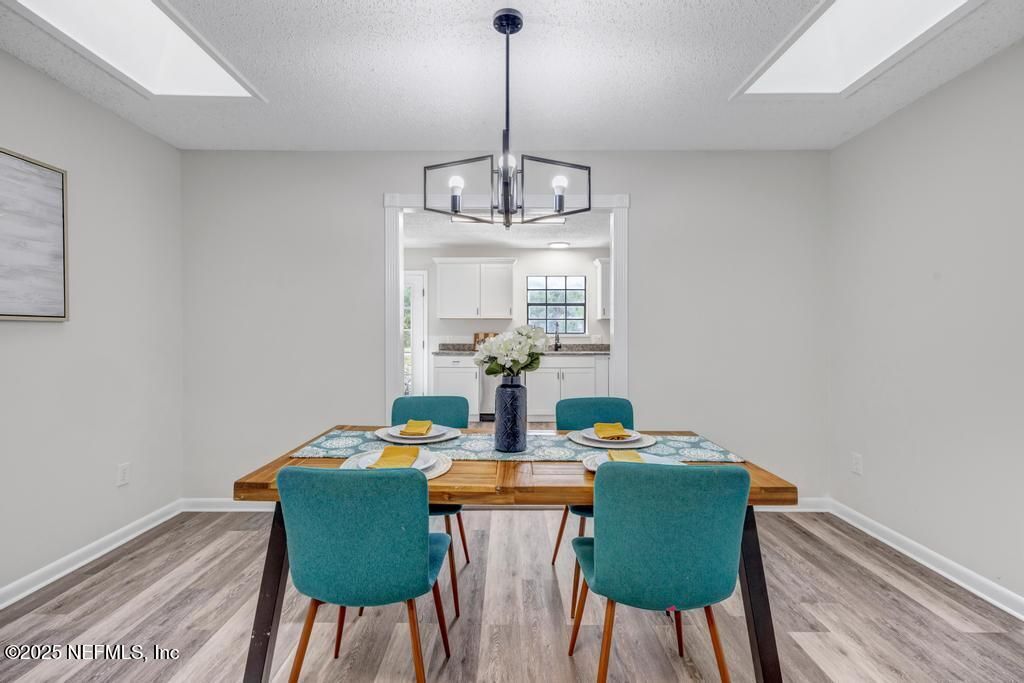 Dining room, Interior, Pendant Lights, Wood Texture Flooring