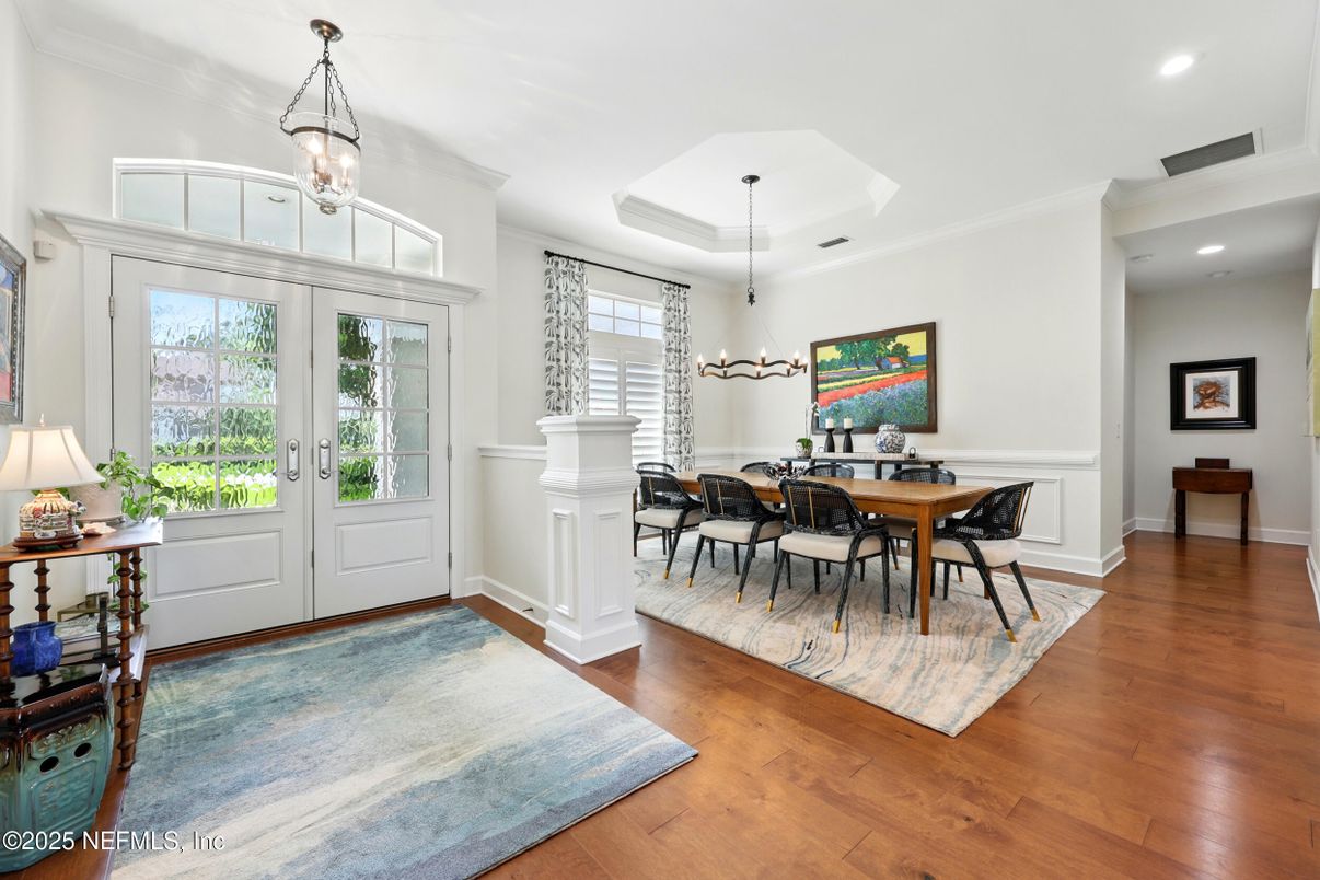 Dining room, Interior, Recessed Lighting, Wood Texture Flooring