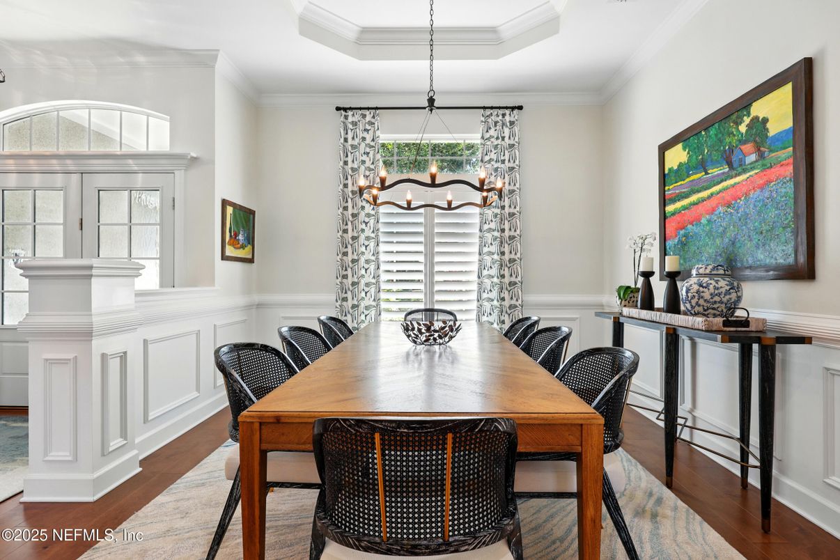 Dining room, Interior, Pendant Lights, Wood Texture Flooring
